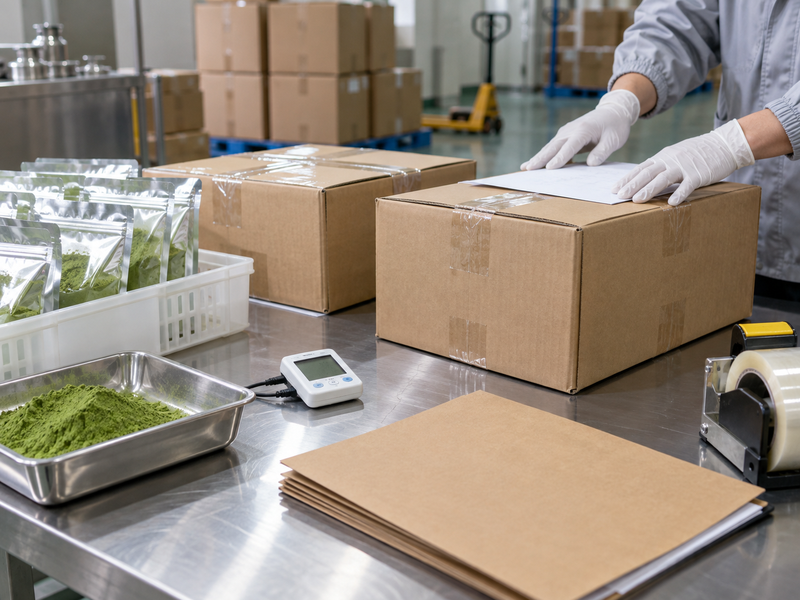 Staff preparing a matcha transport instruction beside sealed cartons