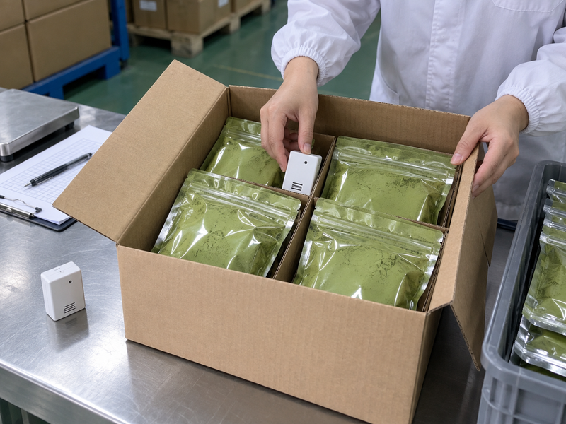 Temperature logger placed within a matcha export carton