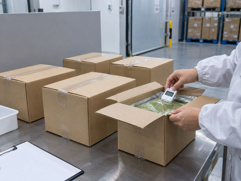 Sealed matcha cartons held in a separate receiving inspection area