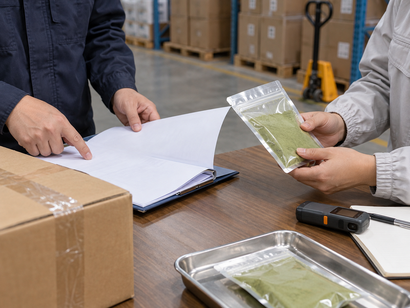 Quality and logistics staff reviewing a matcha shipment case file