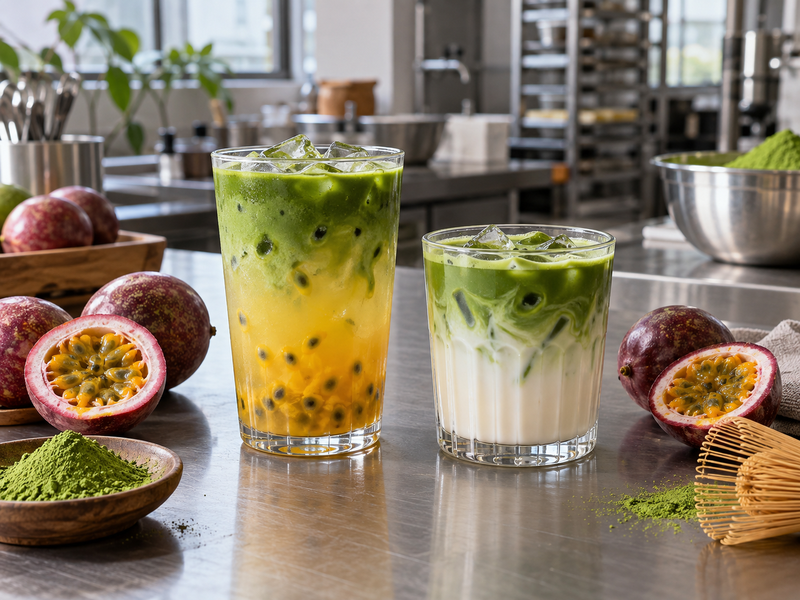 Passion fruit matcha fruit tea beside a creamy latte trial