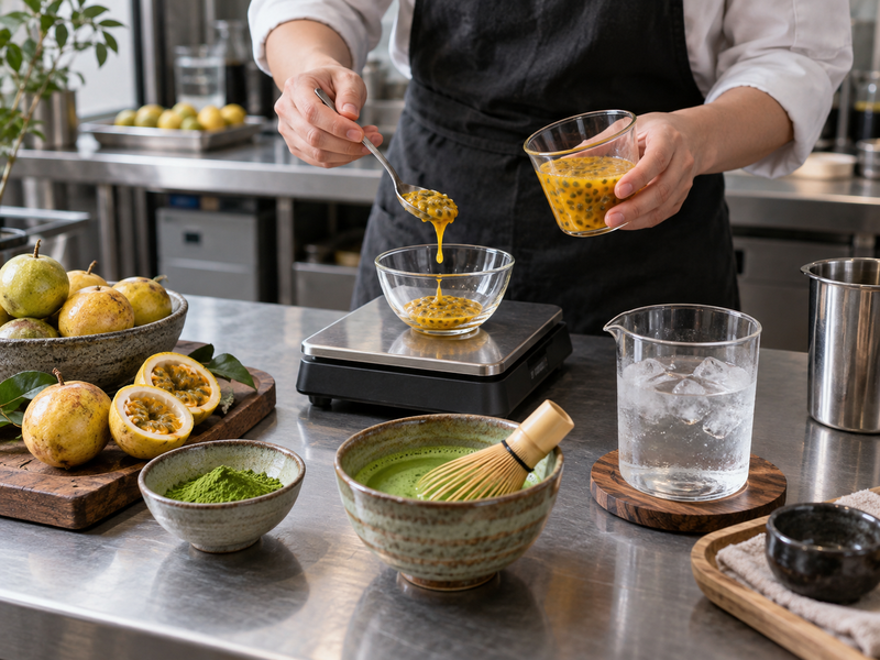 Passion fruit puree weighed next to a whisked matcha bowl and chilled water