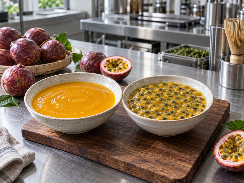 Seedless passion fruit puree and natural pulp with seeds in separate bowls