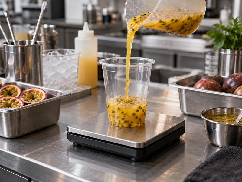 Passion fruit base dispensed into a weighed cup in a cafe preparation area
