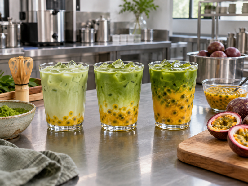 Passion fruit matcha trial cups with different puree levels ready for tasting