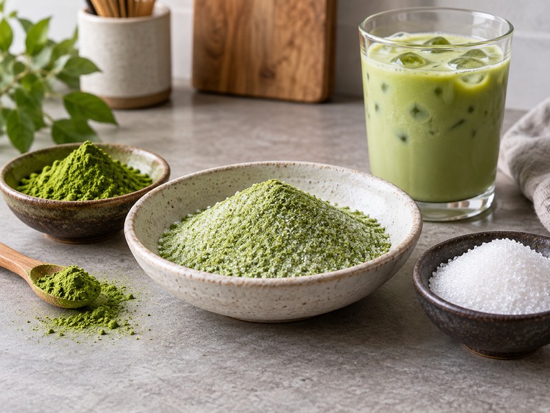 Sweet matcha powder served beside an iced drink