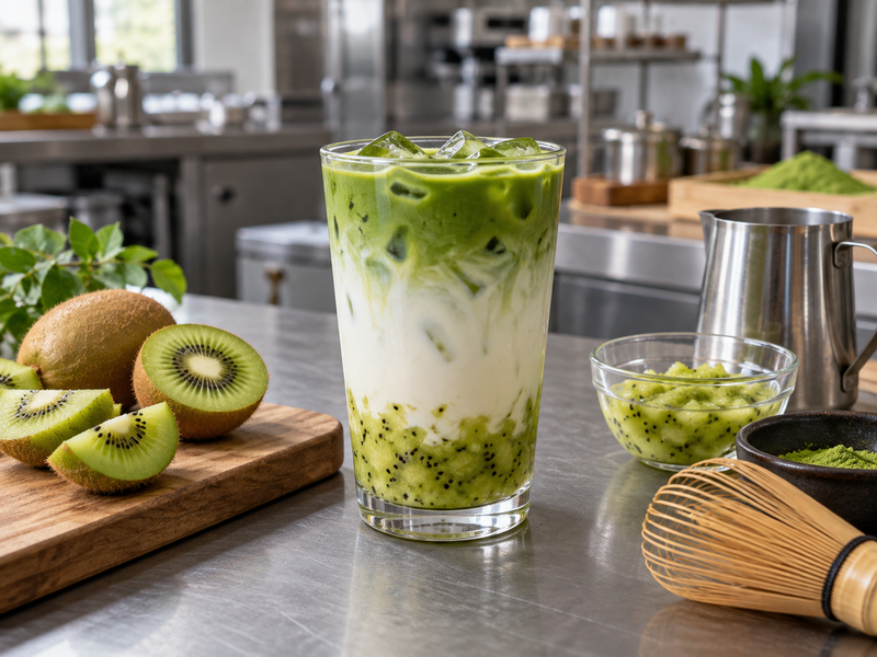 Kiwi matcha latte with crushed green kiwi and small black seeds