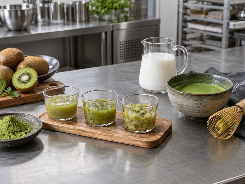 Kiwi puree trial cups beside milk and a bowl of freshly whisked matcha