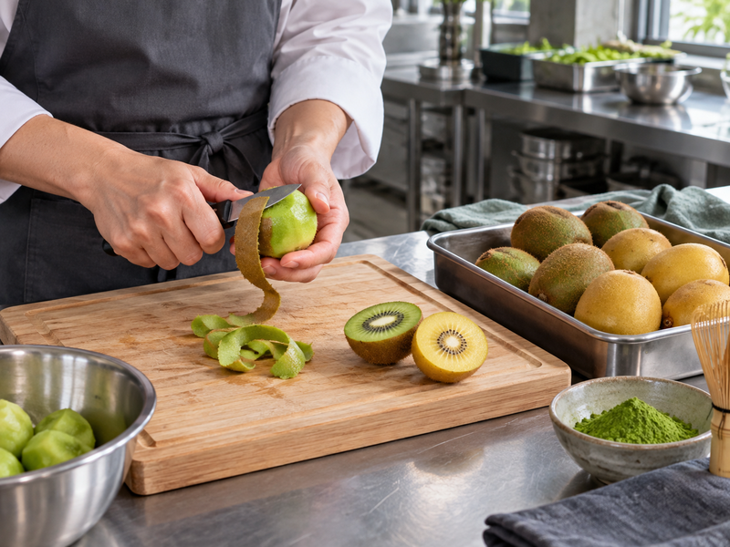 Hands peeling kiwi on a clean board beside green and gold kiwifruit