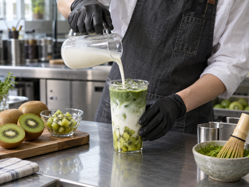 Cafe worker assembles a kiwi matcha drink with a measured fruit portion