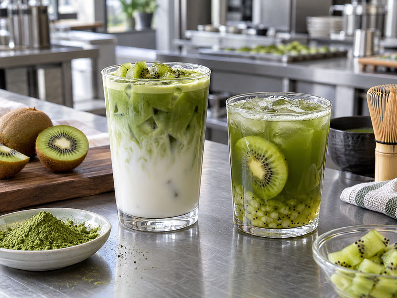 Fresh kiwi latte and water based kiwi matcha compared for texture