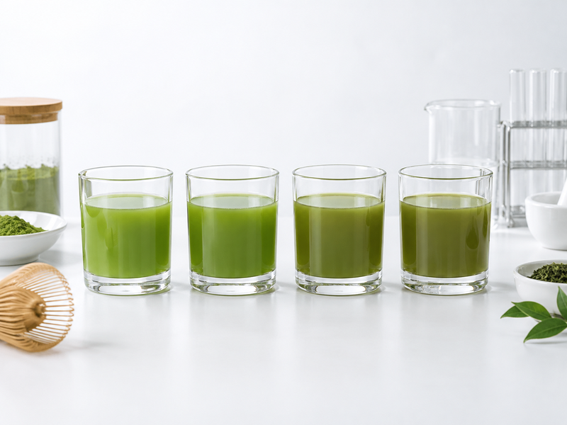 Controlled matcha beverage samples showing different appearance in a Chinese application laboratory