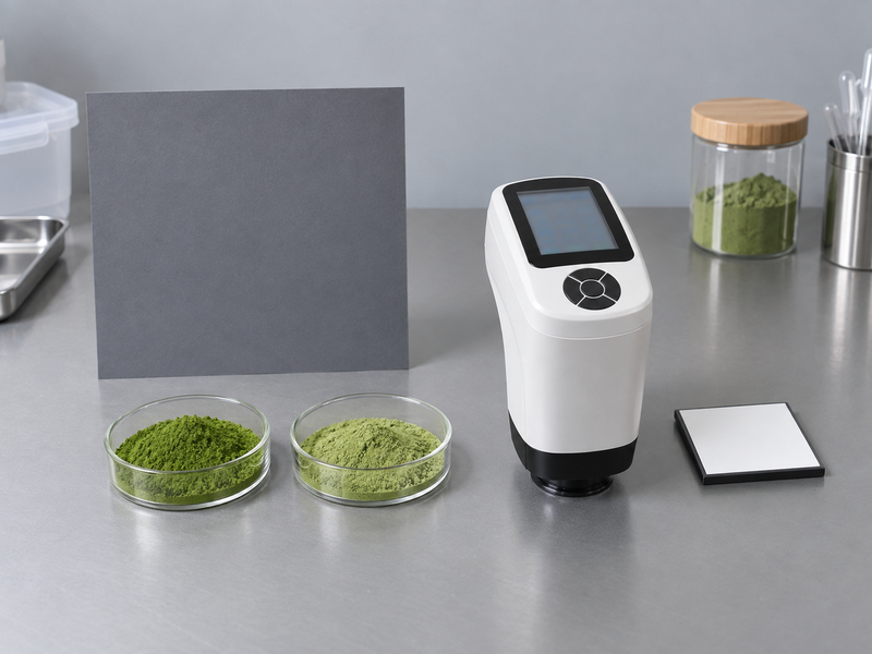 Colorimeter and identical matcha sample cells under controlled neutral lighting