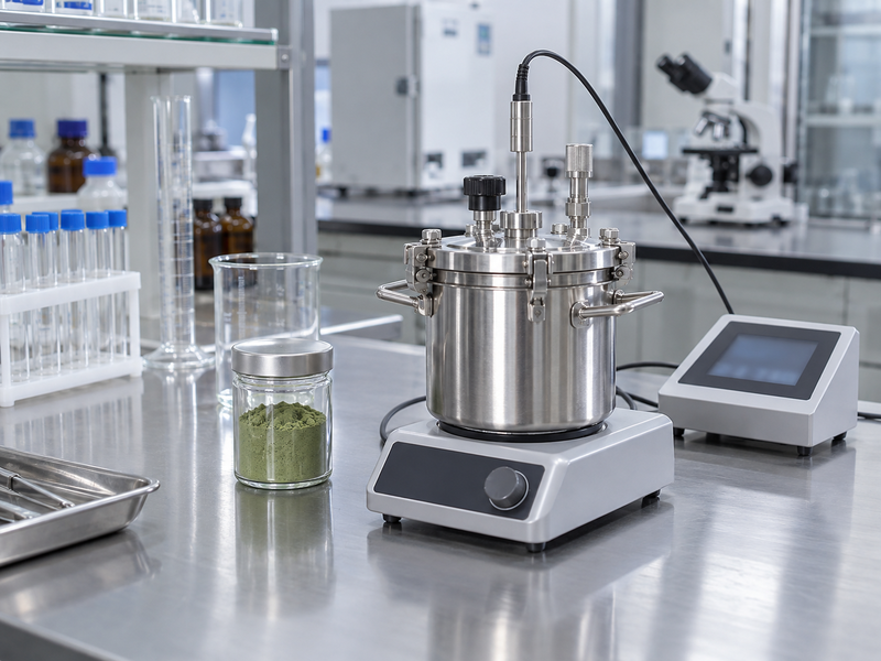 Covered pilot vessel with product temperature probe during a matcha processing trial