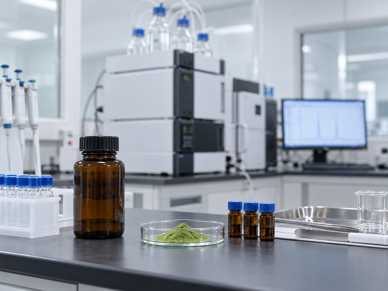 Pigment analysis vials beside chromatography equipment and traceable matcha samples