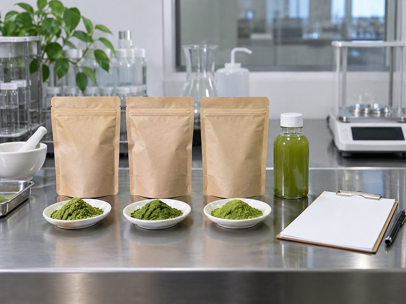 Matcha supplier lot samples beside the accepted beverage reference in a development room