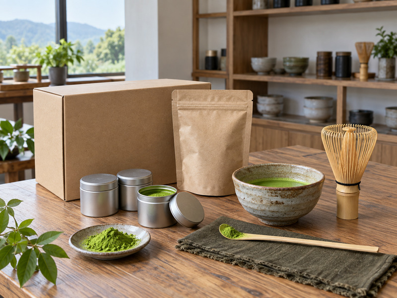 Matcha gifts arranged as a tea kit with bowl and whisk