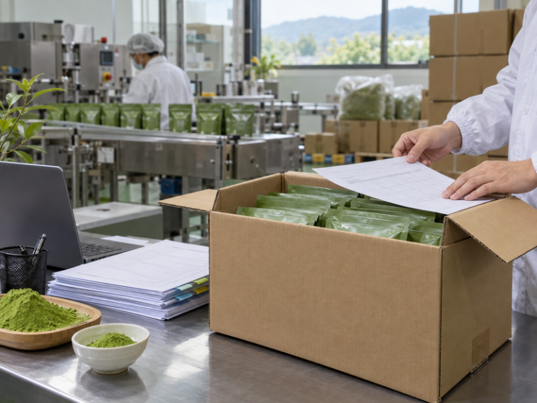 Matcha shipment documents checked beside an export carton