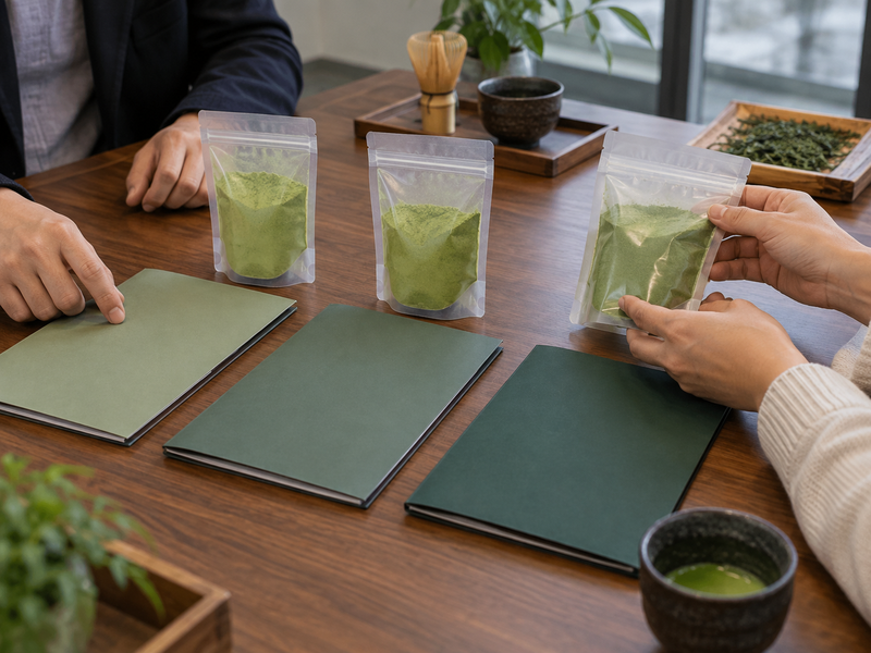 Sealed matcha samples compared with a product dossier