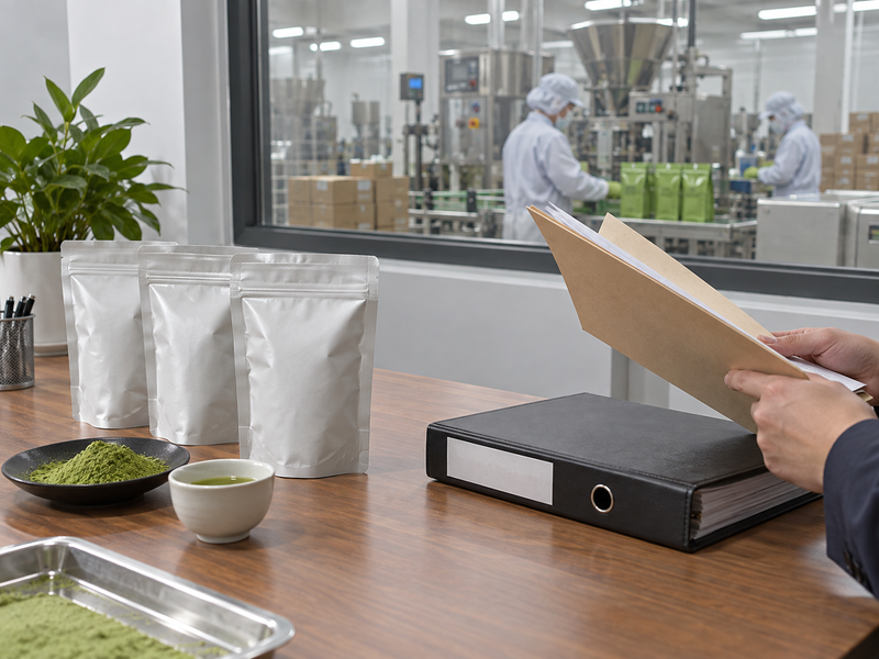 Supplier quality office preparing facility documents beside matcha packs