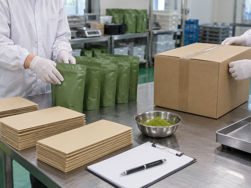 Final matcha shipment folders beside sealed retained sample pouches