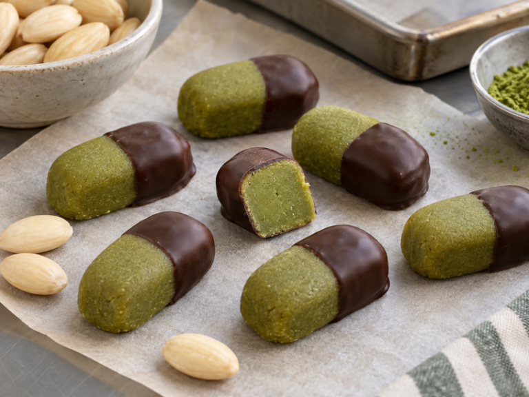 Matcha marzipan chocolates on a dark ceramic plate