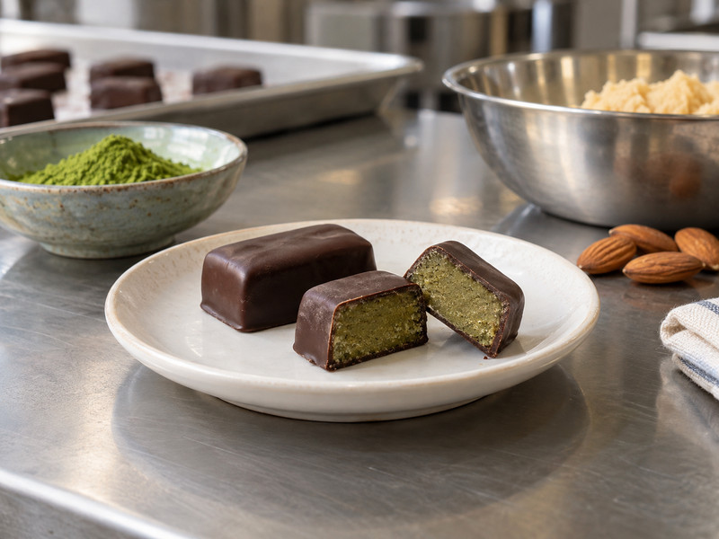 Matcha marzipan chocolate with its green almond center exposed
