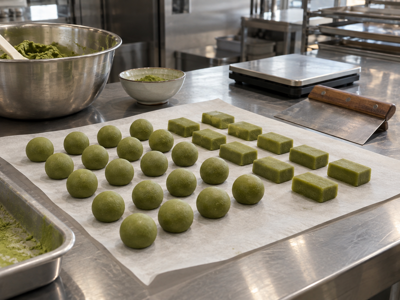 Green marzipan balls and cut rectangles ready for coating