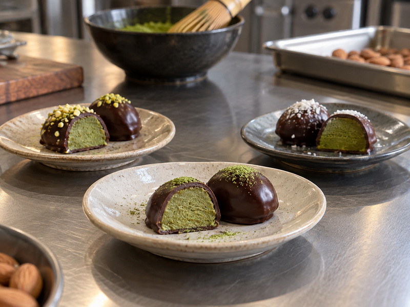 Cut matcha marzipan pieces prepared for a texture comparison