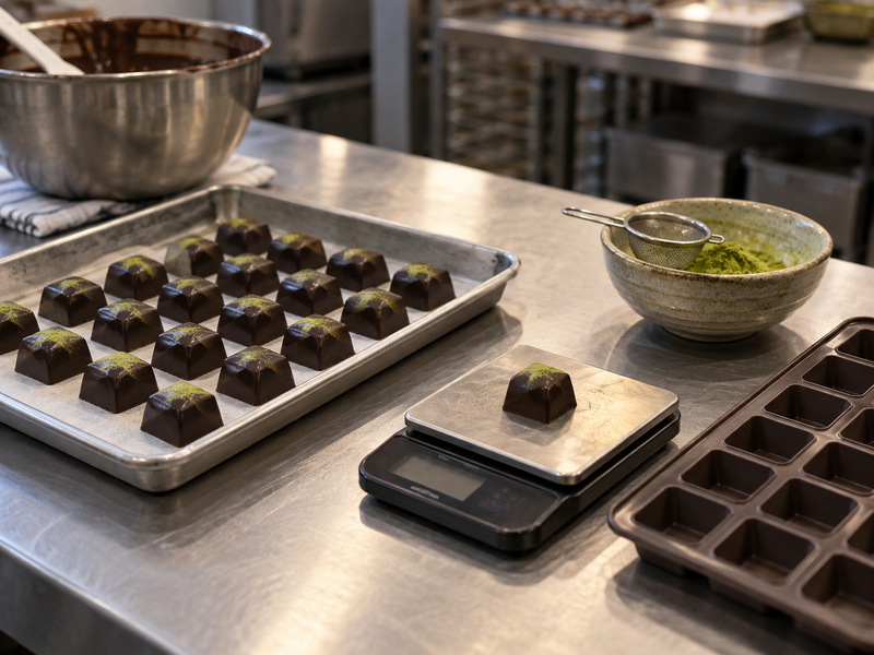 Finished marzipan chocolates weighed at a packing station