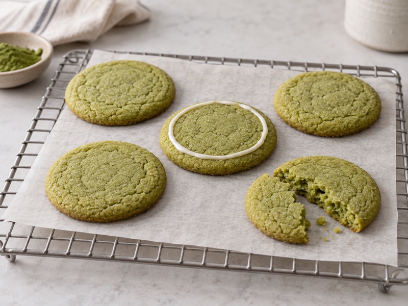 Plain matcha sugar cookies cut into simple circles with one iced sample on a bakery rack
