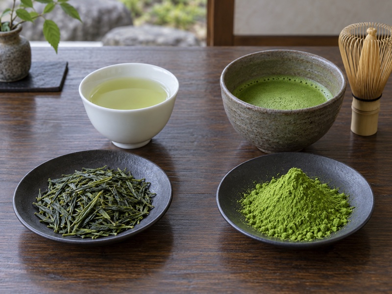 Whole sencha leaves and matcha powder prepared side by side on a tea tasting table