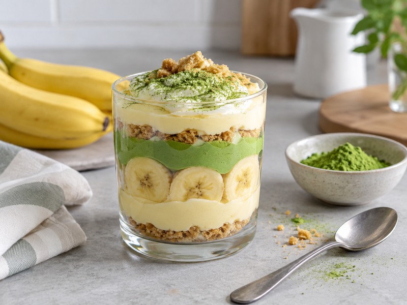Banana pudding matcha in a clear dessert glass