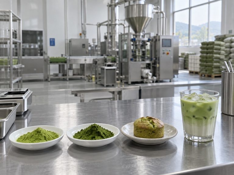Matcha powder samples tested beside baked and beverage prototypes on a food development bench