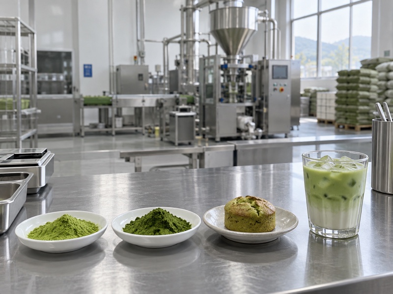 Matcha powder samples tested beside baked and beverage prototypes on a food development bench