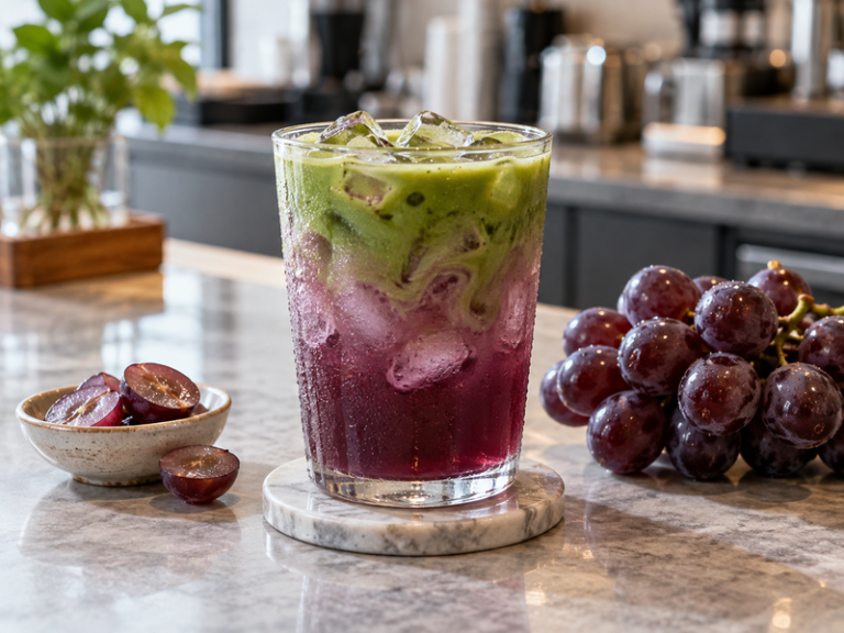 Finished grape matcha drink with fresh fruit on a cafe table
