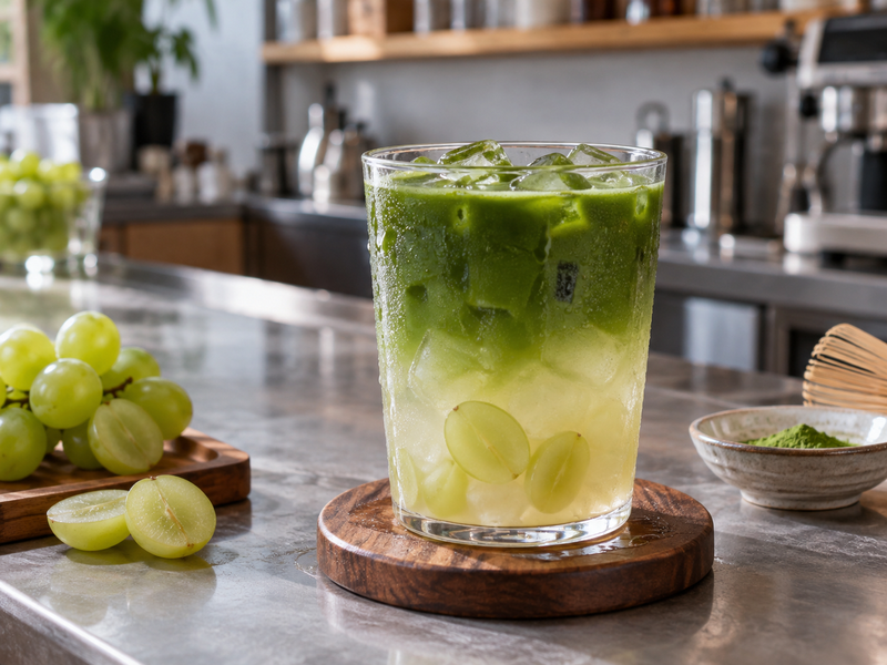Grape matcha iced tea with halved green grapes