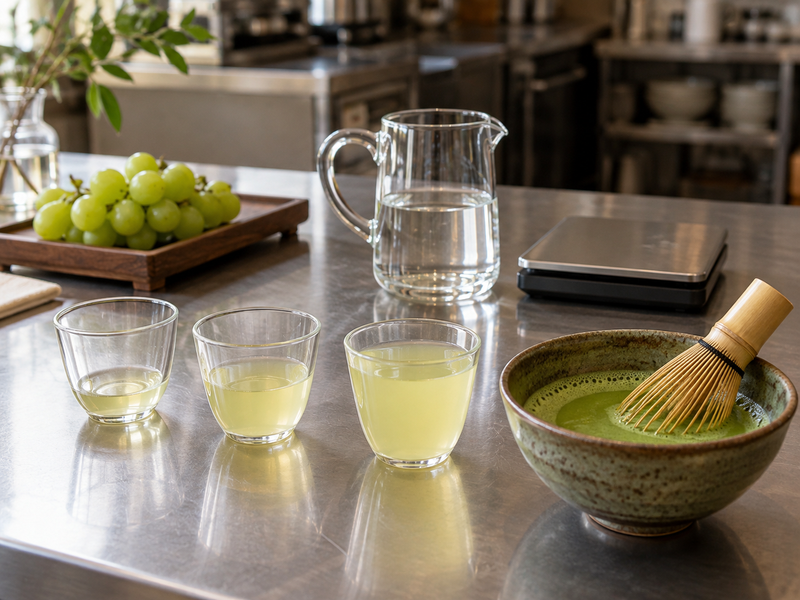 Measured grape juice and whisked tea for a drink trial