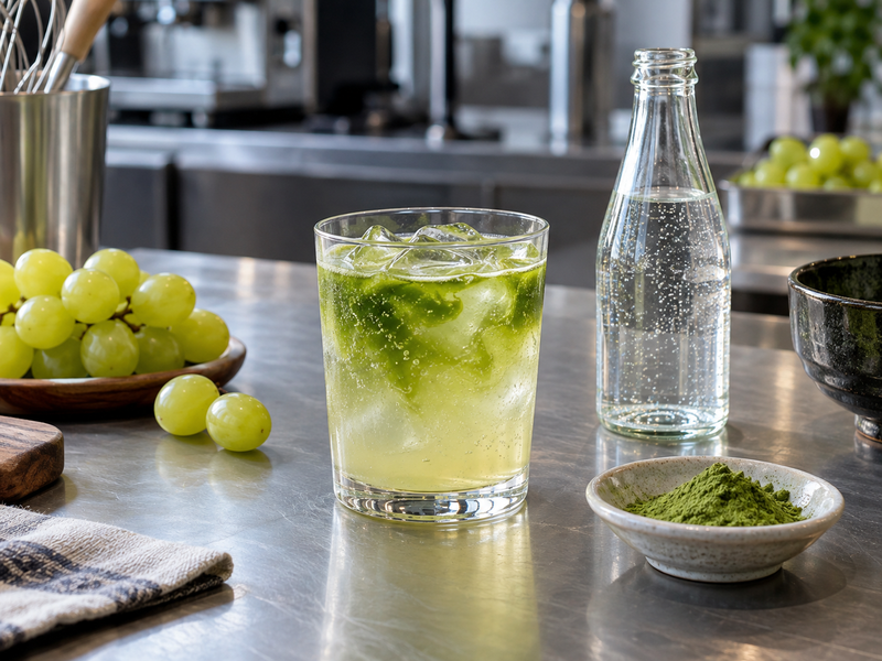 Sparkling grape matcha assembled in a clear cafe glass