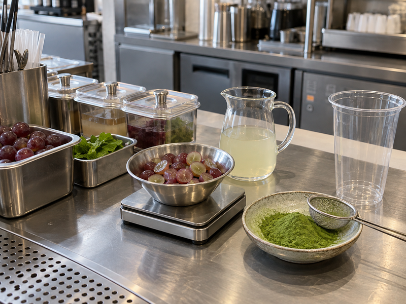 Grape drink ingredients portioned at a cafe service station