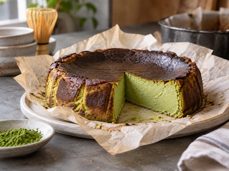 A cut matcha Basque cheesecake with dark baked top and green center in a bakery kitchen