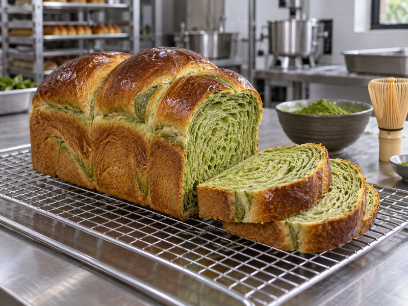 Matcha brioche loaf with green crumb and golden crust on a bakery rack