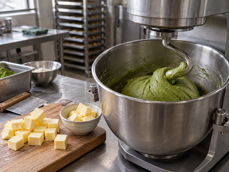 Butter cubes beside a mixer bowl containing green enriched brioche dough