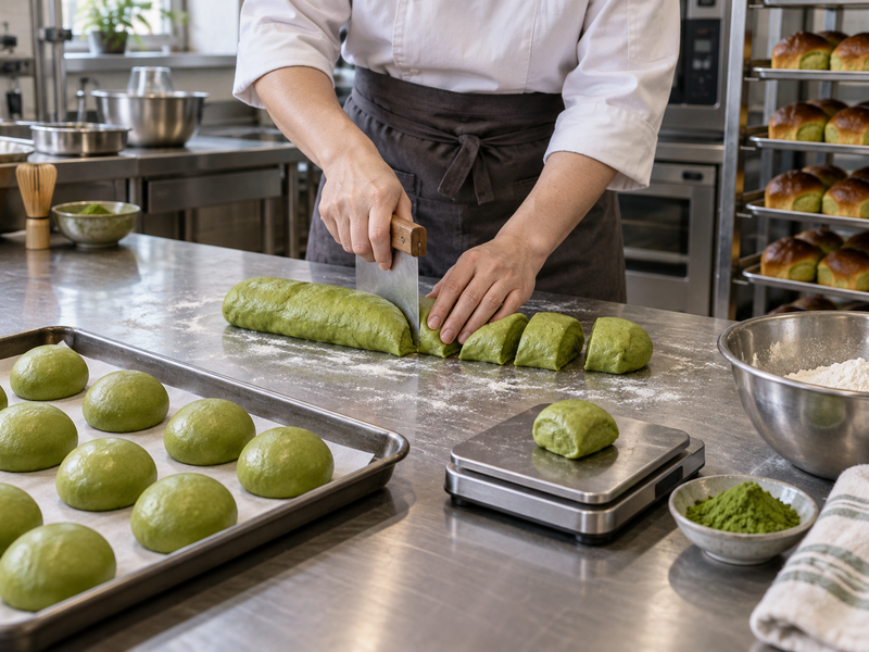 Baker divides green brioche dough into equal pieces on a steel bench