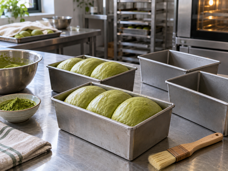 Proofed matcha brioche in loaf tins with a pastry brush nearby