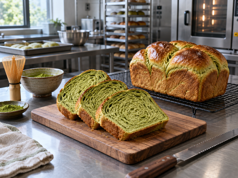 Sliced matcha brioche arranged for green crumb and structure inspection