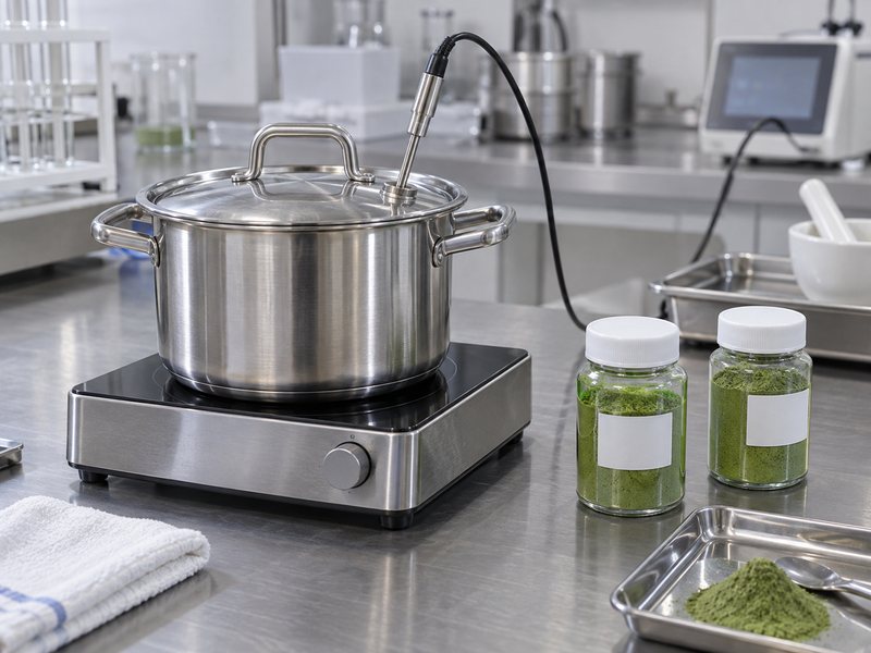 Covered pilot matcha vessel with temperature probe in a Chinese food development laboratory