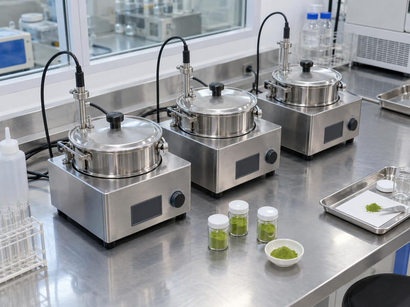 Identical small matcha processing vessels prepared for controlled thermal comparisons