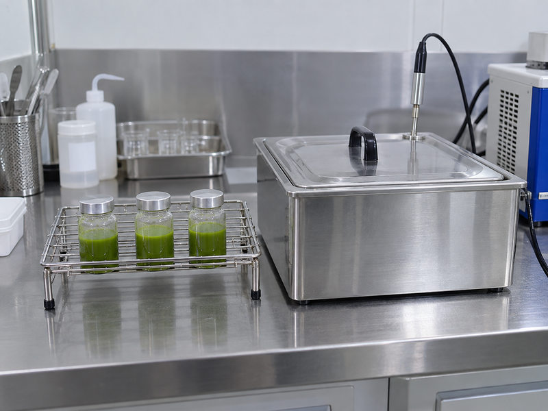 Matcha trial containers cooling in a controlled laboratory arrangement after heating