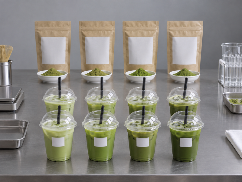 Coded matcha supplier samples and identical heated beverage portions prepared for evaluation